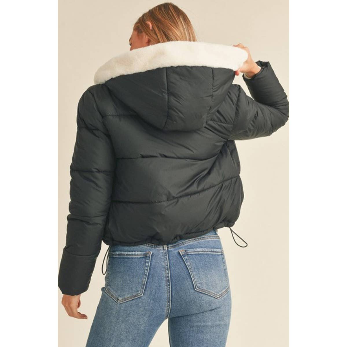 Hoodie Faux Down Nylon Puffer Jacket