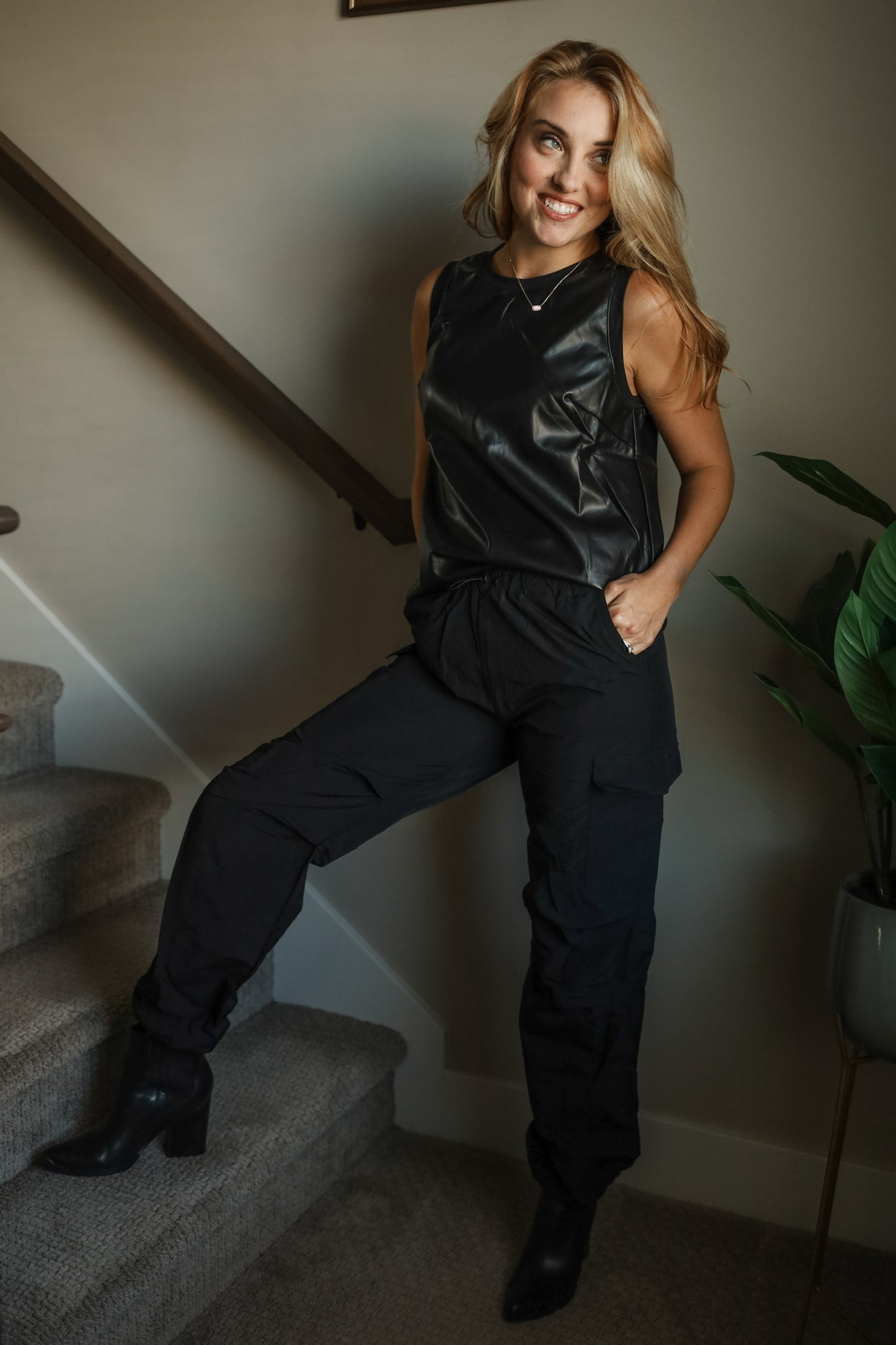 Black Faux Leather Crew Neck Tank Top