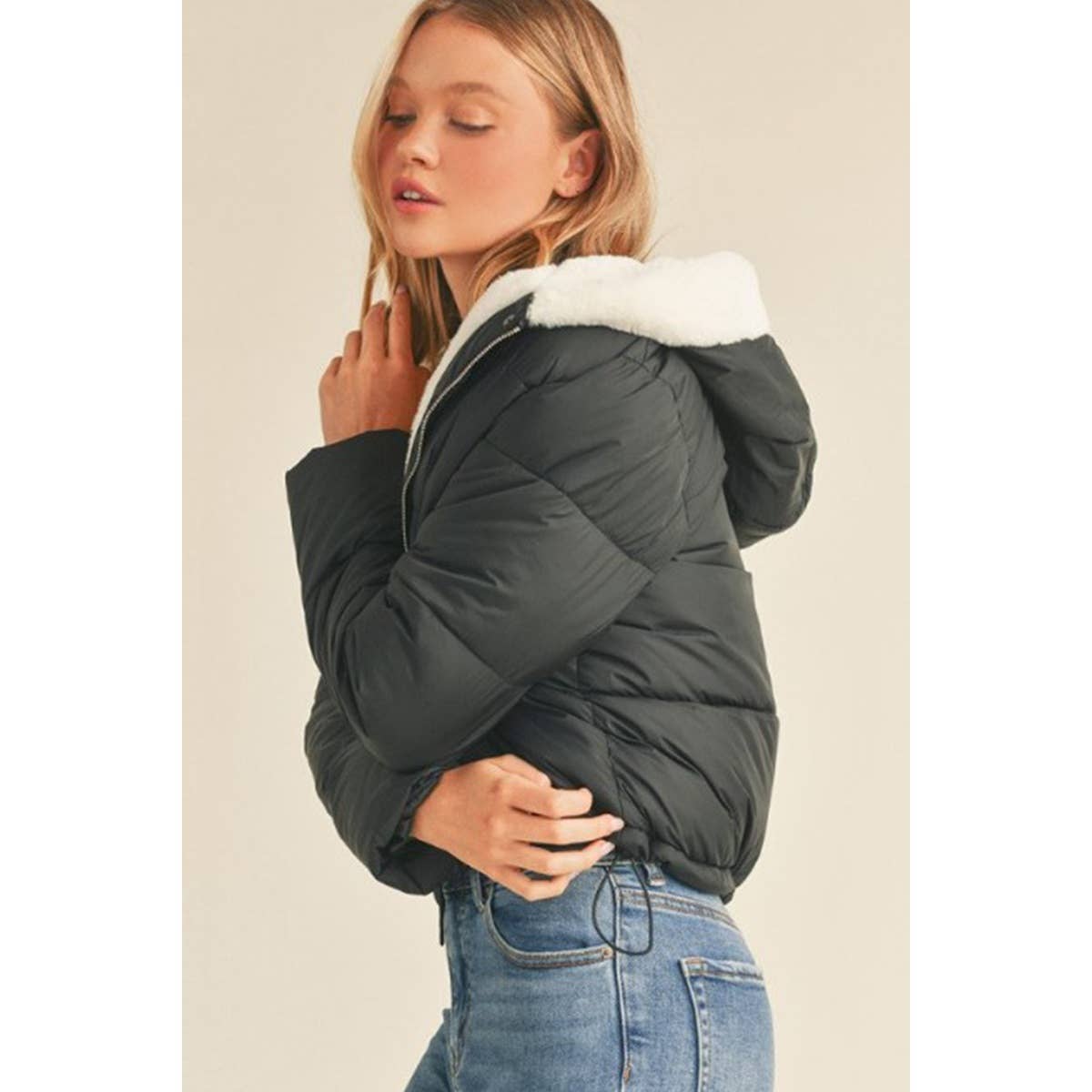 Hoodie Faux Down Nylon Puffer Jacket